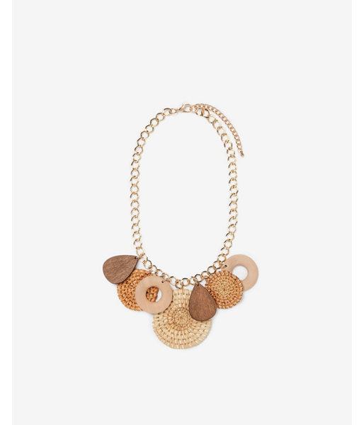 Express Womens Multi Wooden Wicker Disc Statement Necklace