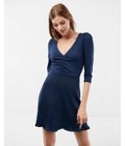 Express Womens Petite Deep V-neck Ruffle Hem Fit And Flare Dress
