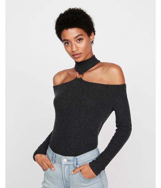 Express Womens Mock Neck Cold Shoulder O-ring Tee