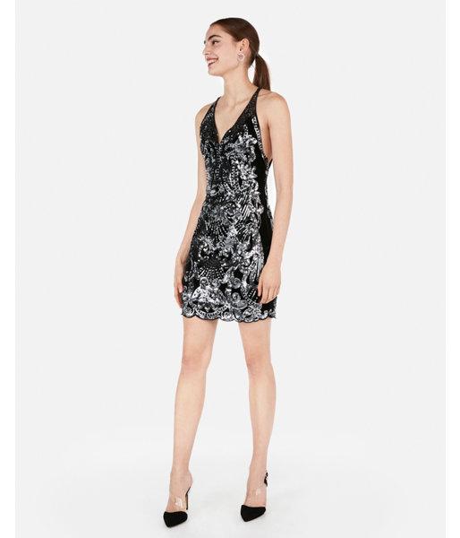 Express Womens Sequin  Low Back Mini Plunge Dress