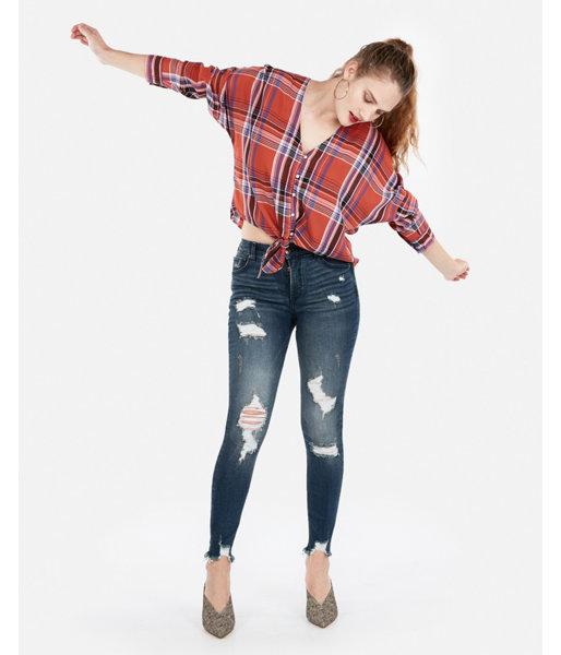 Express Womens Plaid Print Tie Front Hem