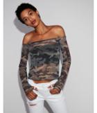 Express Womens Express Womens Express One Eleven Sheer Camo Off The Shoulder Cropped Tee