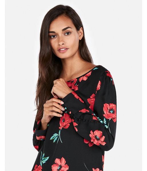Express Womens Floral Puff Sleeve Button Cuff Blouse