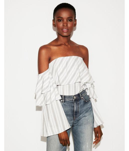 Express Womens Striped Off The Shoulder Tiered Ruffle Blouse