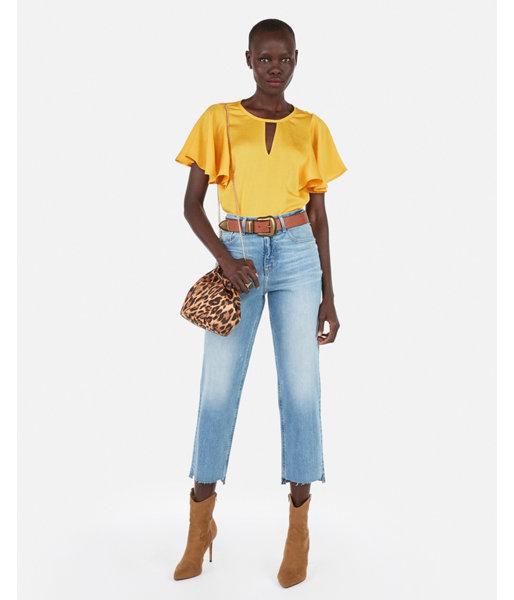 Express Womens Satin Keyhole Cut-out Flutter Top