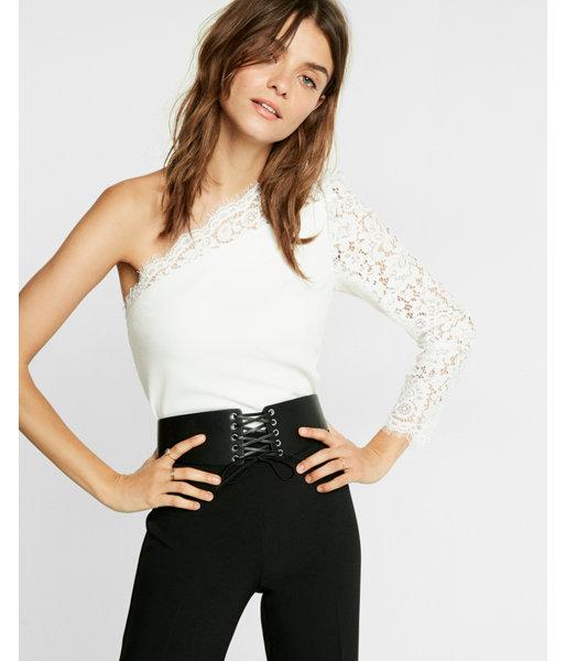 Express One Shoulder Lace Pieced Cropped Top