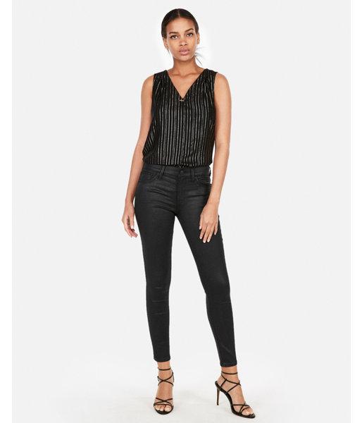Express Womens Petite Metallic Stripe Overlap V-neck Tank