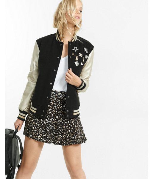 Express Womens Pin Embellished Metallic Sleeve Varsity Jacket
