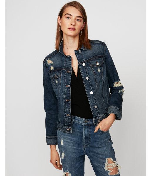 Express Womens Dark Wash Distressed Trucker Jacket