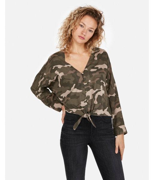 Express Womens Camo Tie Front Silky Soft Twill