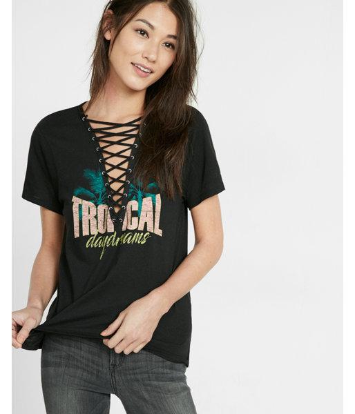 Express Tropical Daydreams Lace-up Graphic Tee