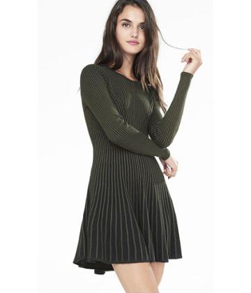 Express Express Womens Olive And Navy Plaited Fit And Flare