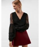 Express Womens Petite Lace Blouson Sleeve V-neck Blouse