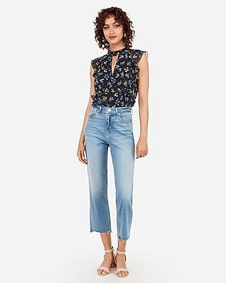 Express Womens Floral Print Ruffle High Neck Cut-out Top
