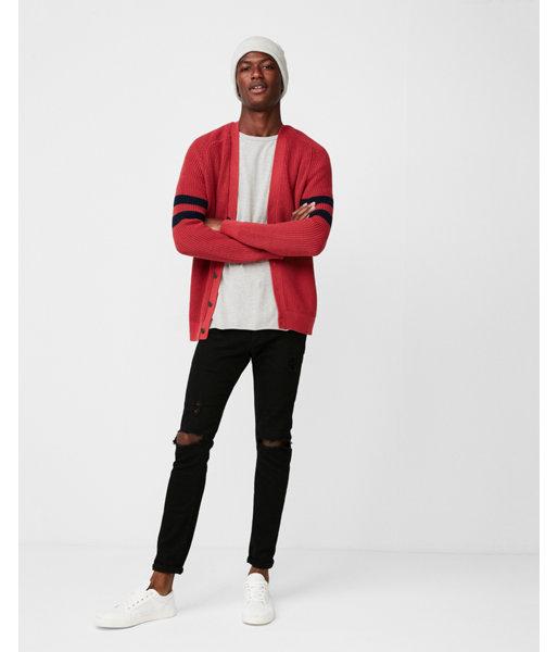 Express Mens Striped Sleeve V-neck Cotton Cardigan