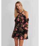 Express Womens Floral Cold Shoulder Fit And Flare Dress