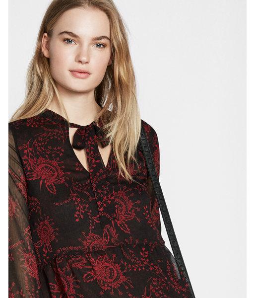 Express Womens Floral Print Tie Neck Peplum Blouse