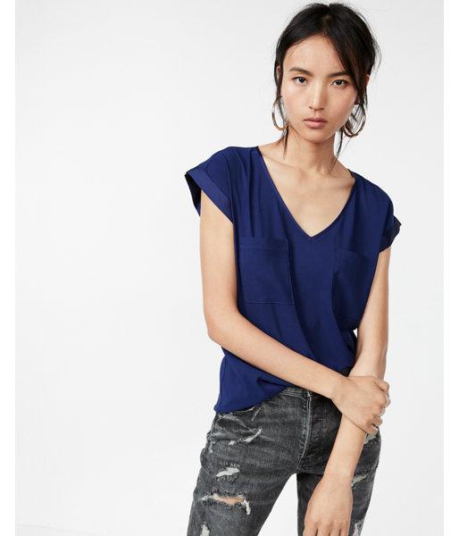 Express Womens Two Pocket Rolled Sleeve V-neck Blouse