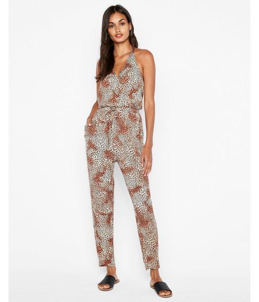 Express Womens Leopard Print Halter Tie Surplice Jumpsuit