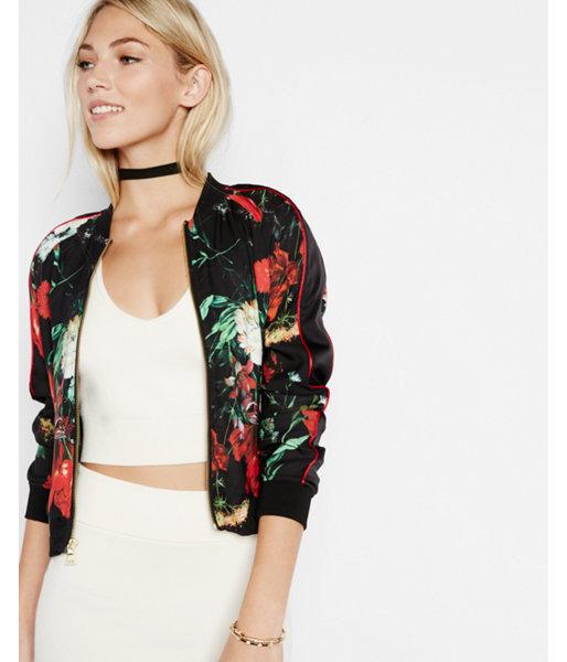 Express Womens Black Floral Bomber Jacket