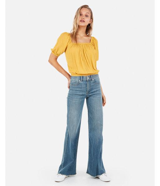 Express Womens Square Neck Puff Sleeve Cropped Top