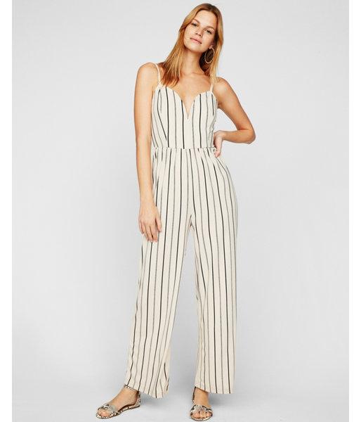 Express Womens Petite Striped Wide Leg V-wire Jumpsuit