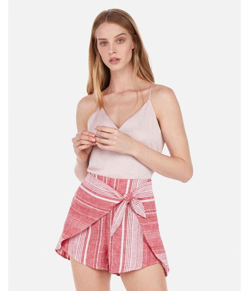 Express Womens Express Womens Super High Waisted Asymmetrical Side Tie Striped Linen-blend