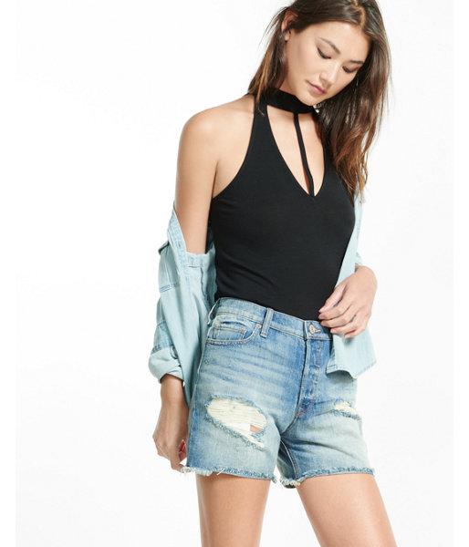 Express Womens High-rise Distressed Faded Rigid Cutoff Denim