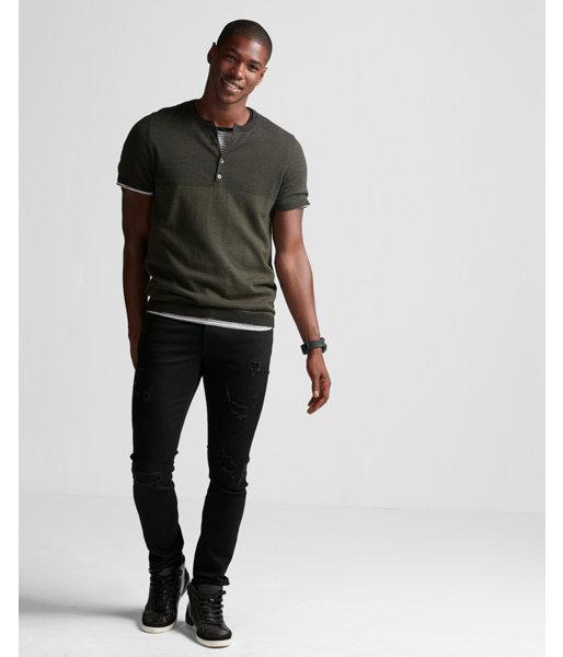 Express Striped Short Sleeve Cotton Henley