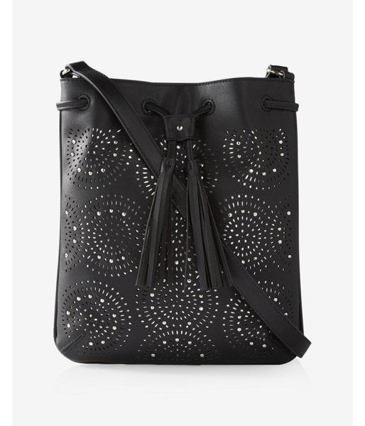 Express Womens Perforated Tassel Cross Body Bag