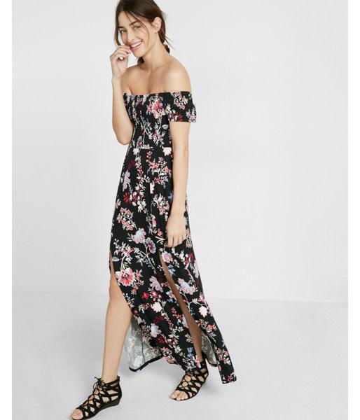 Express Womens Floral Print Smocked Off The Shoulder