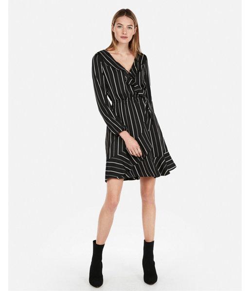 Express Womens Petite Striped Elastic Waist Ruffle Wrap Dress