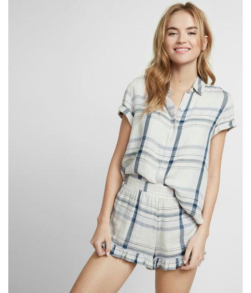 Express Womens Short Sleeve Plaid Button-up