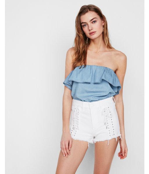 Express Womens Ruffle Denim Tube Top