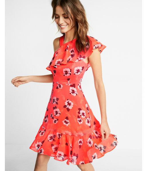 Express Floral Print Asymmetrical Ruffle Dress