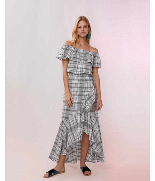 Express Womens Plaid Ruffle Off The Shoulder