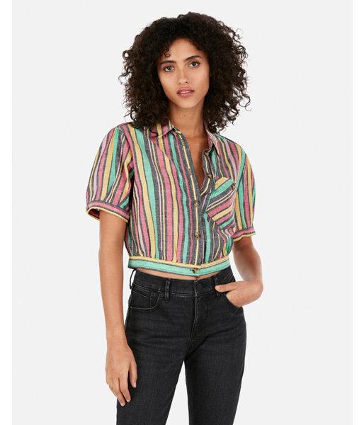 Express Womens Express Womens Multi Stripe Cropped Button Front Linen-blend Pocket