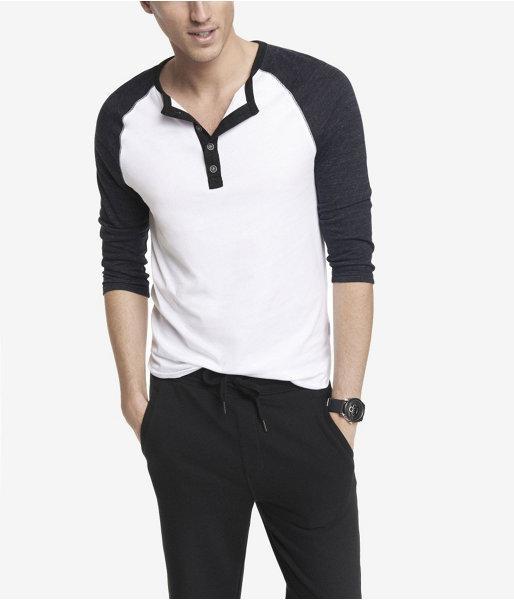 Express Mens Tri Color Henley Baseball Tee Blue