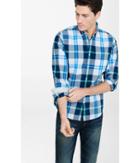 Express Men's Dress Shirts Plaid Button-down Collar Blue