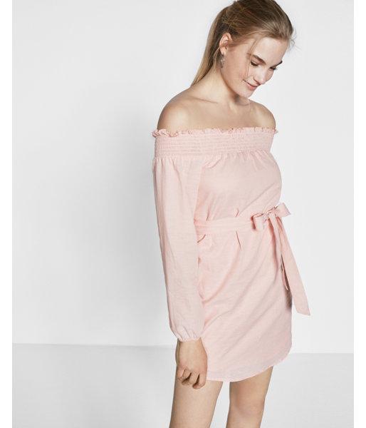 Express Smocked Off The Shoulder Linen-cotton Tunic Dress