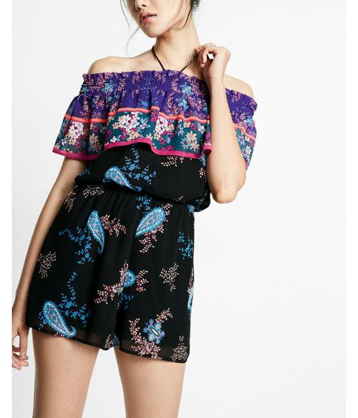 Express Off The Shoulder Floral Ruffle Romper