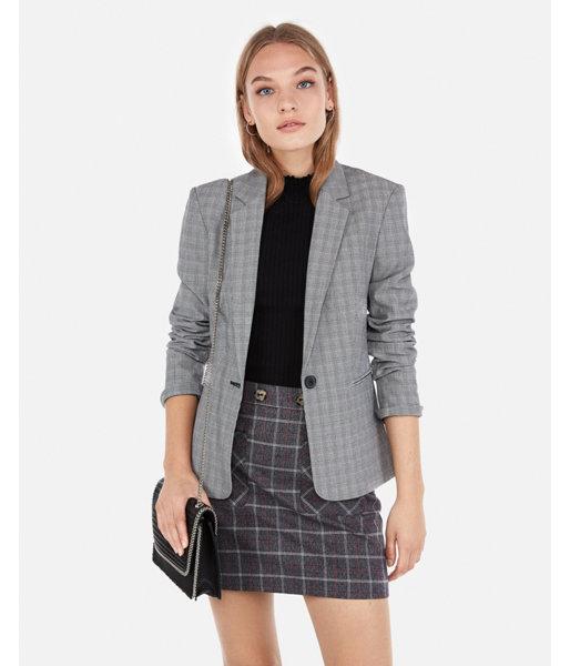 Express Womens Plaid One-button Blazer