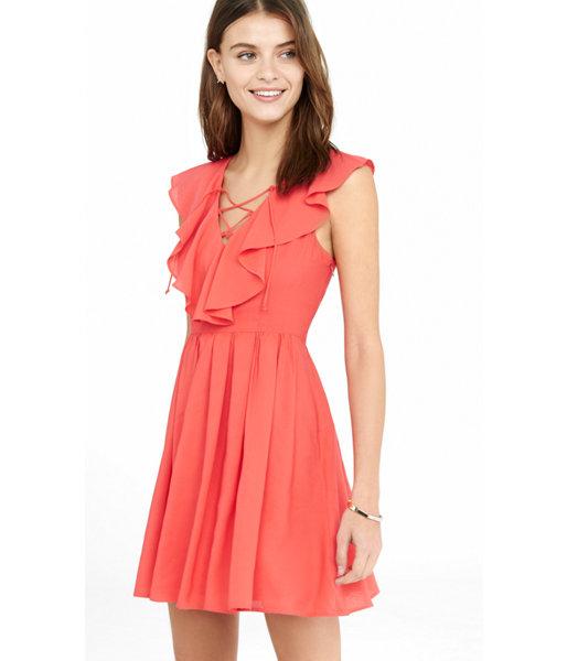 Express Women's Dresses Pindot Lace-up Ruffle Fit And Flare Dress