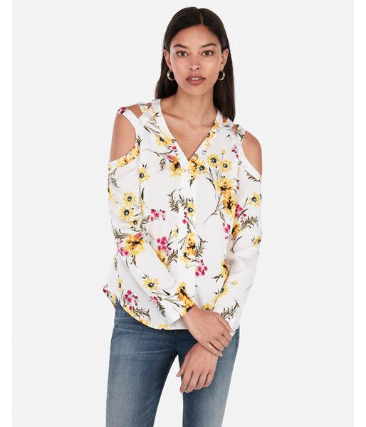 Express Womens Satin Floral Print Cold Shoulder Chelsea Popover