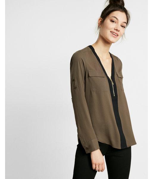 Express Petite Piped Long Sleeve Zip Front Blouse