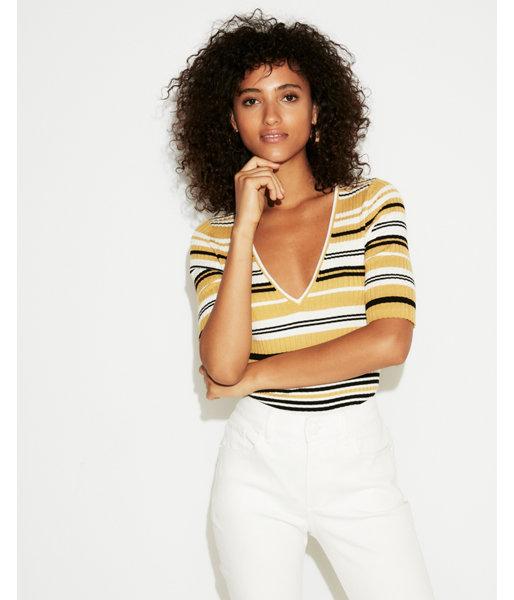 Express Womens Striped Elbow Sleeve Ribbed Pullover
