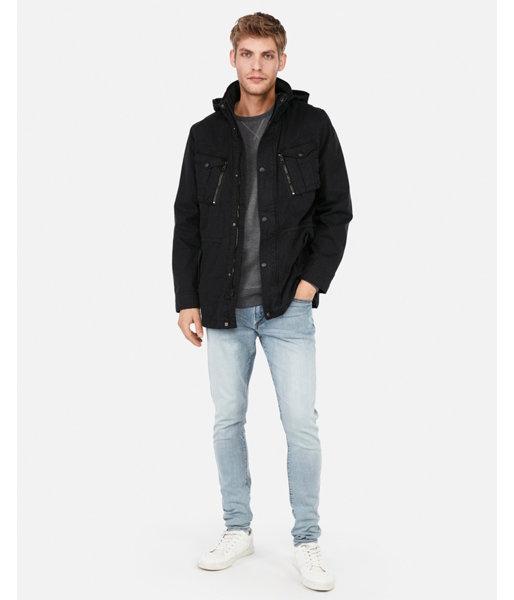 Express Mens Black Garment Dyed Hooded Field Jacket