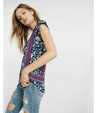 Express Womens Floral Print And Placed Stripe Zip Front Blouse