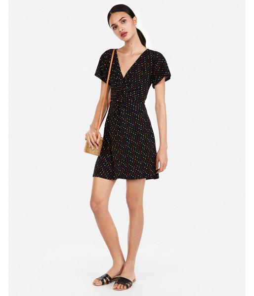 Express Womens Dot Flutter Sleeve Fit And Flare Dress
