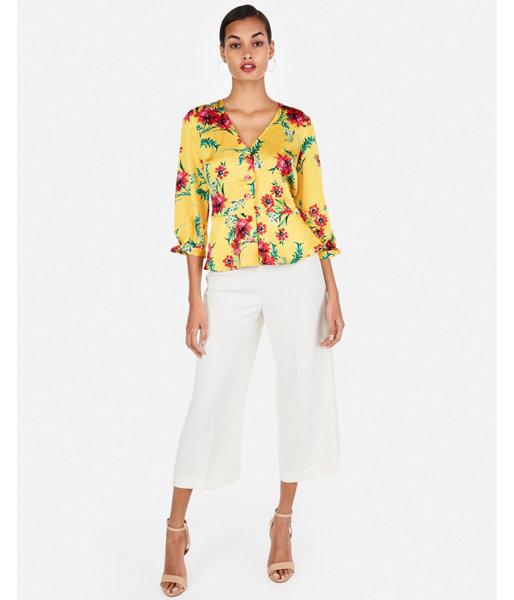 Express Womens Floral Button Front Twist Cuff Blouse
